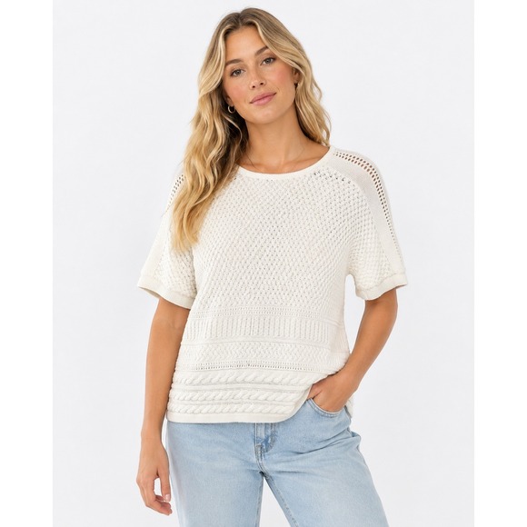 Isabella Bird Sweaters - Isabella Bird Womens Ivory/White Cotton Knit Cable Sweater Sz M Cottagecore Boho